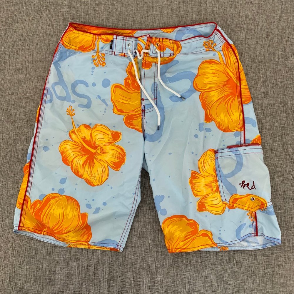 Men's Speed‎ Beach Surf Board Shorts Small Blue Yellow Floral Drawstring